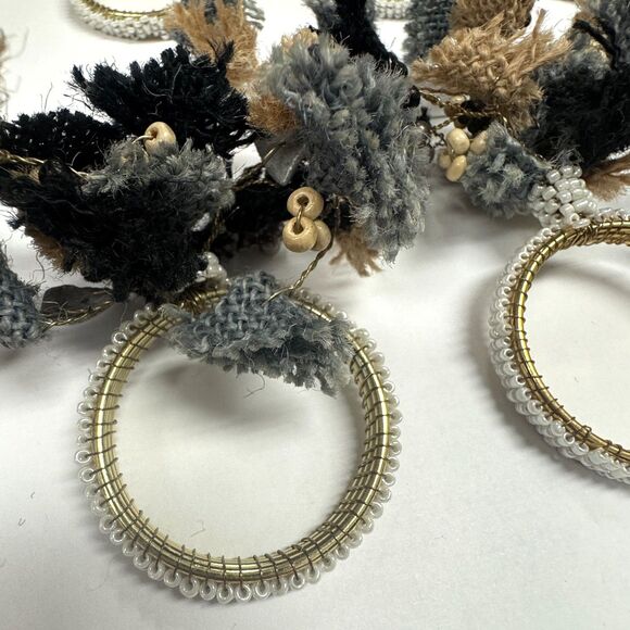 Pier 1 Imports Black Blue Jute Burlap Stones Pearl Beaded Napkin Rings Set of 6 - Picture 6 of 6